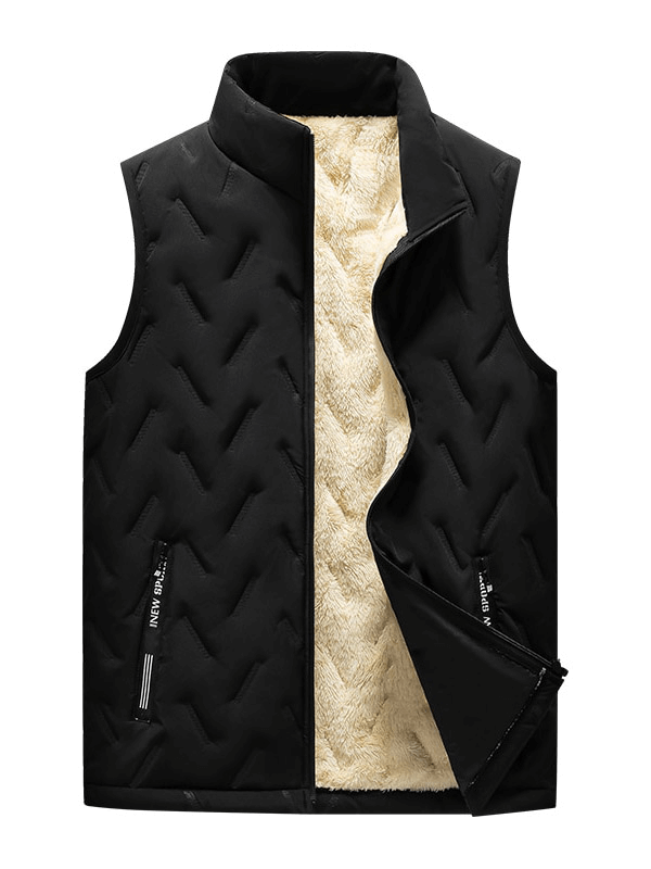 Warm casual male lambswool vest with stand collar, featuring cashmere lining, zipper closure, and pockets for a stylish look.